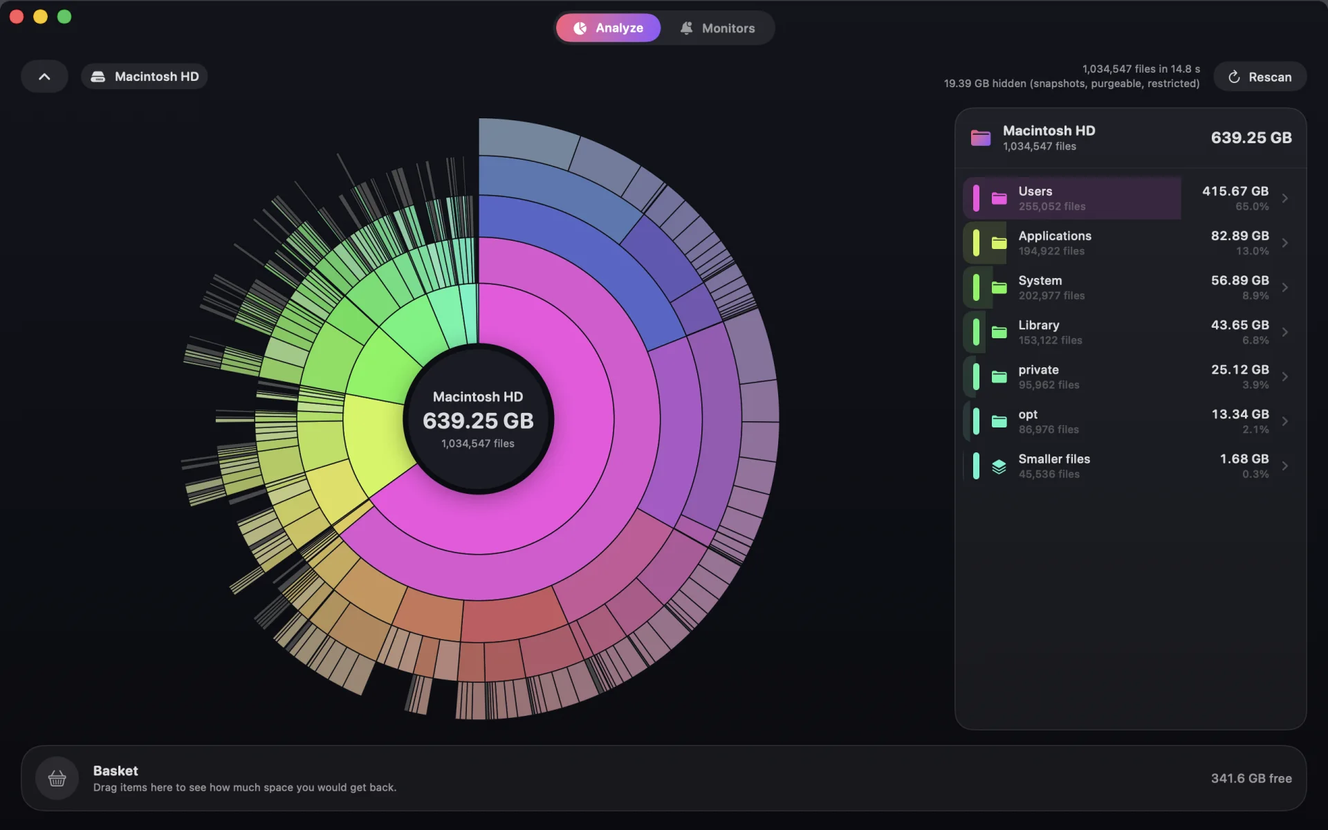 Anillo showing a full disk as an interactive ring chart next to a list of the largest folders